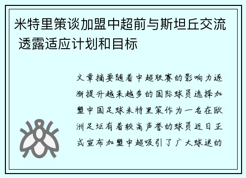 米特里策谈加盟中超前与斯坦丘交流 透露适应计划和目标