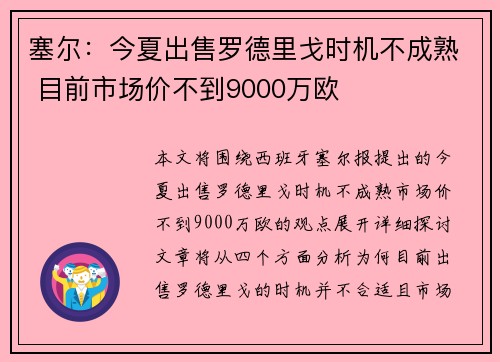 塞尔：今夏出售罗德里戈时机不成熟 目前市场价不到9000万欧