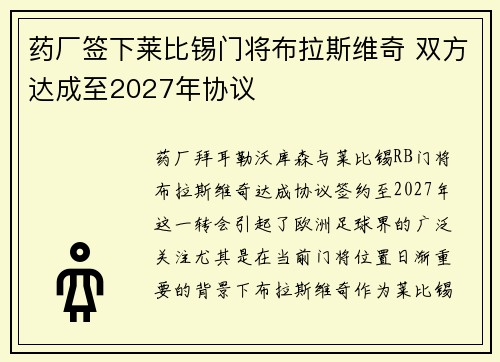 药厂签下莱比锡门将布拉斯维奇 双方达成至2027年协议